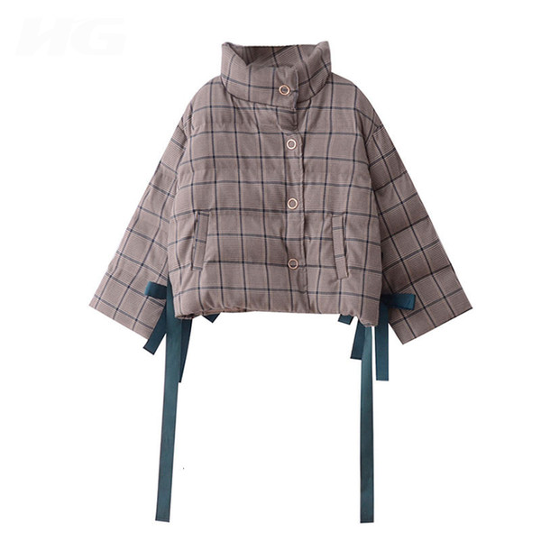 Single Breasted Women Winter Europe Fashion Full Sleeve Loose Coat Female Plaid Casual Bandage Bow Pocket