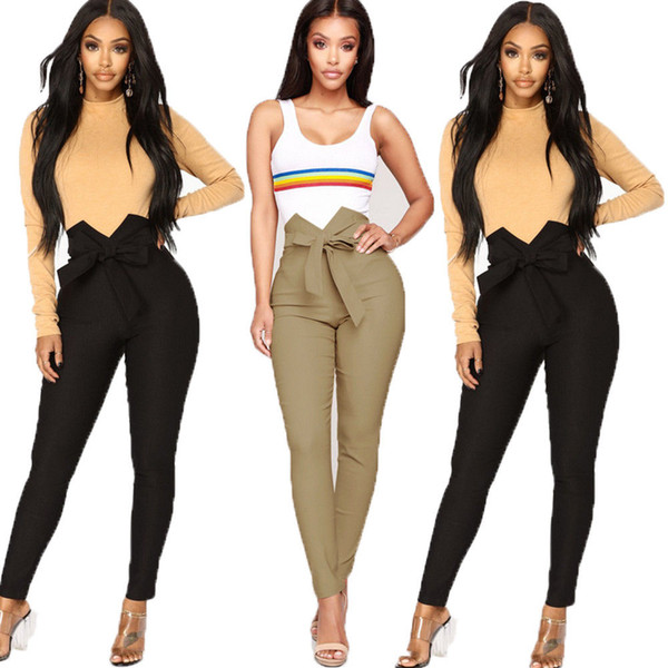 Fashion Womens Striped Long Pants High Waist Tie Pencil Trousers Skinny Slim Leggings Casual Solid High Waisted Pants