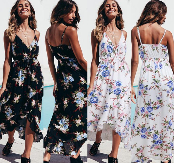 Women Beach V Chiffon Dress Floral Spaghetti Strap Boho Maxi Dresses Holiday Fashion Summer Clothing