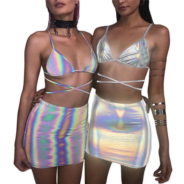 Women Reflective 2pcs Suits Summer Sexy Cross Strap Bikinis Lady Nightclub Pencil Dress Women Beach Bathing Clothing