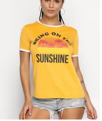 Women Summer Beach Tshirts Bring The Sunshine Letters Printed Tees Short Sleeved Tops Tees Vestidoes