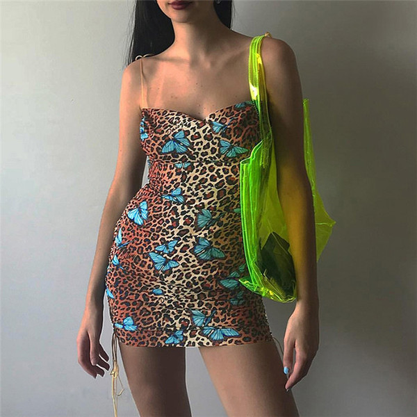 Women Butterfly Print Leopard Halter Dress Sexy Backless Summer Hot Dresses Ladies Club Low Out Fashion Skirts