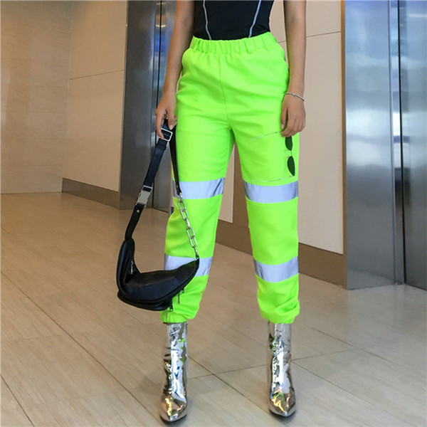 Womens Reflective Pants Mid Waist Patchwork Cargo Pants Cool Loose Pencil Pants Women Fashion Causal Clothing