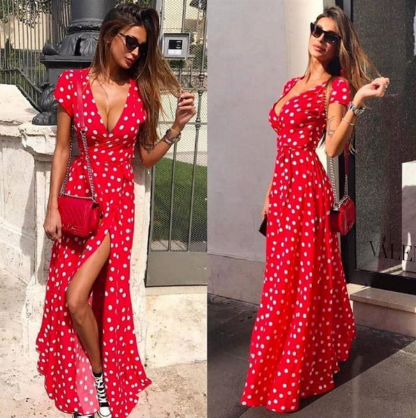 Deep V Dots Women Dress Summer Fashion Female Ties Split Up Beach Sexy Casual Dresses