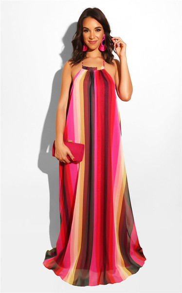 Womens Halter Maxi Dresses Rose 3D Digital Print Sleeveless Dress Red Striped Sexy Beach Party Dresses