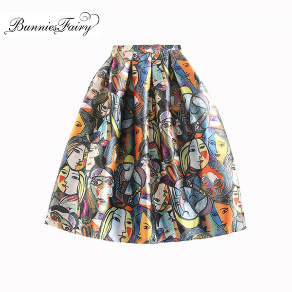 BunniesFairy 2017 Autumn New Arrival Girls Cartoon Character Floral Print High Waist Puff Pleated Midi Skirt Tutu Casual Wear