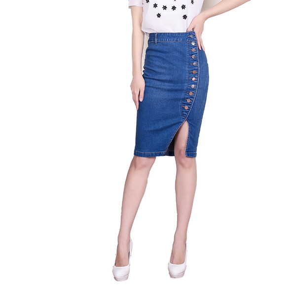 Jeans Skirt High Waist Women Button Pleated Denim Skirts Knee Length Casual Pencil Skirt Summer Sexy Girls Split Skirts Blue