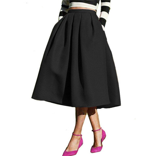 Female Fashion Street Style Solid Casual Flare High Waist Pleated Pockets Flare Pleated Spring Latest Vintage A Midi Skirt