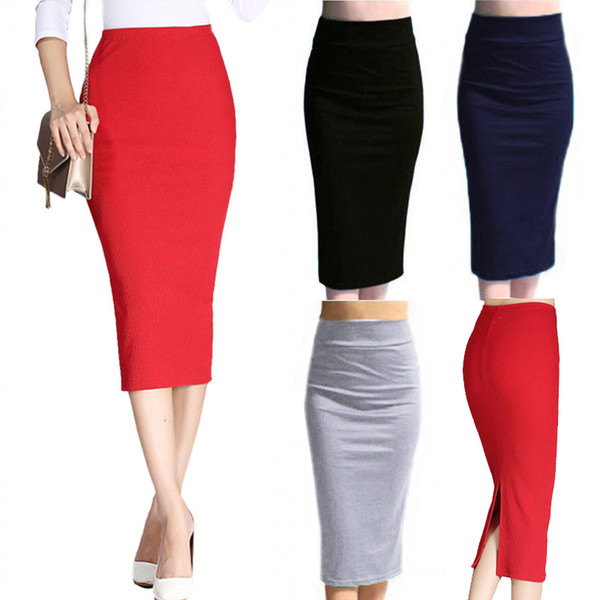 Autumn Winter Women Pencil Skirt High Waist Cotton Solid Color Stretch Elastic Slim Business OL Split Bodycon Skirts TY53