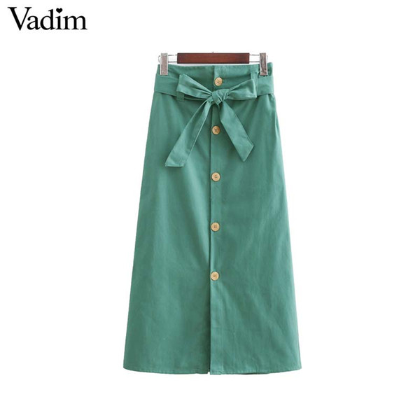 Vadim women elegant solid midi skirt elastic paperbag waist pockets ladies casual streetwear vintage mid calf skirts BA107