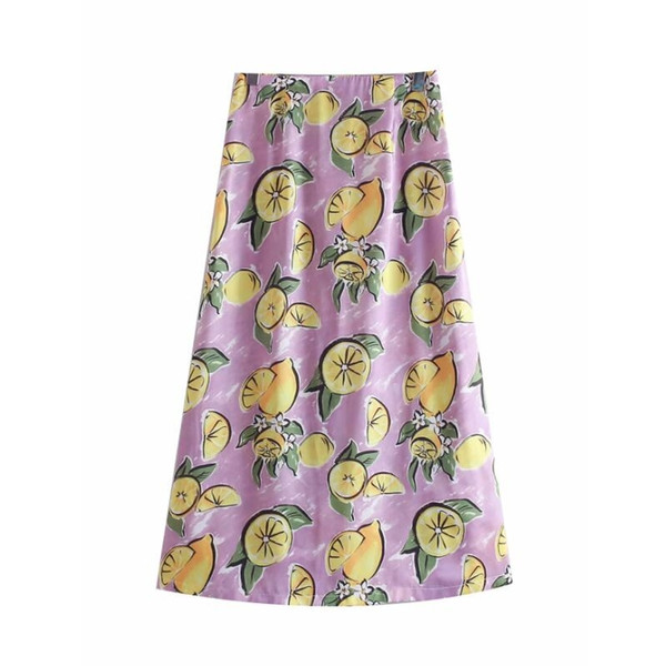 Women Chic Lemon Print Long Skirt Female Loose A-Line Skirts Summer Style Casual Lady Streetwear P1136