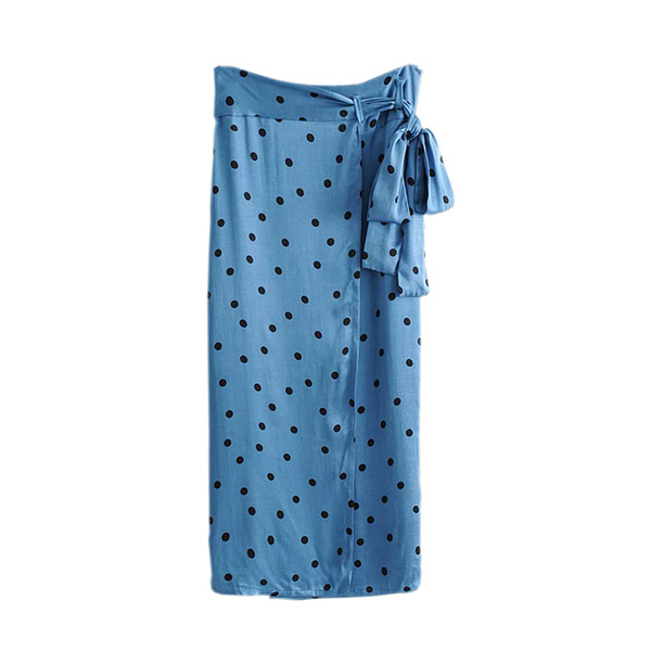 Women Chic Dots Print Blue Wrap Skirts Bow Tie Sashes Split Female Casual Straight Mid Calf Skirts FFZBQ41