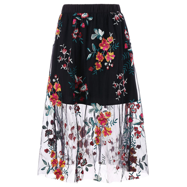 Kenancy 2XL High Waist Embroidered Midi Skirt Embroidered lace Perspective All Match A Line Retro Midi Skirt 2018 Fall New