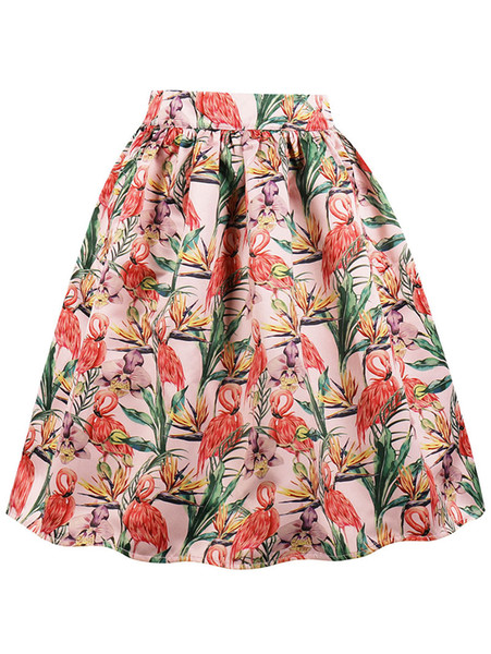 Kenancy Red Crowned Crane Printed Flared Midi Skirt