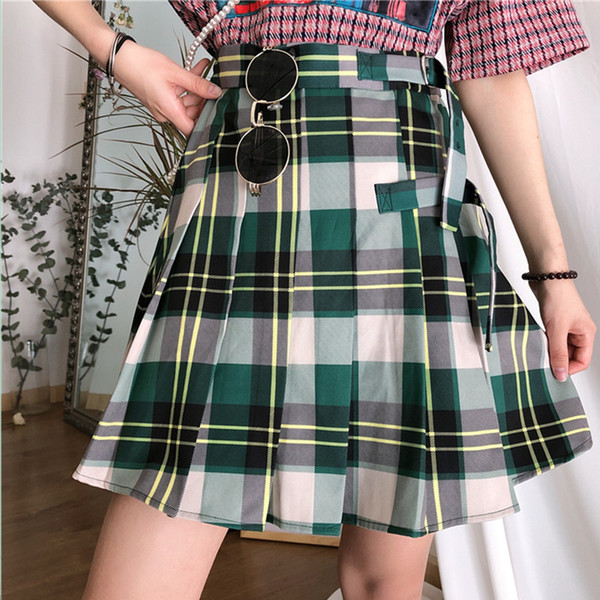 Summer Gothic Harajuku Sweet High-waisted Green White Chequered Short Skirt Punk Style A-shaped Plus Size Pleated Short Skirt