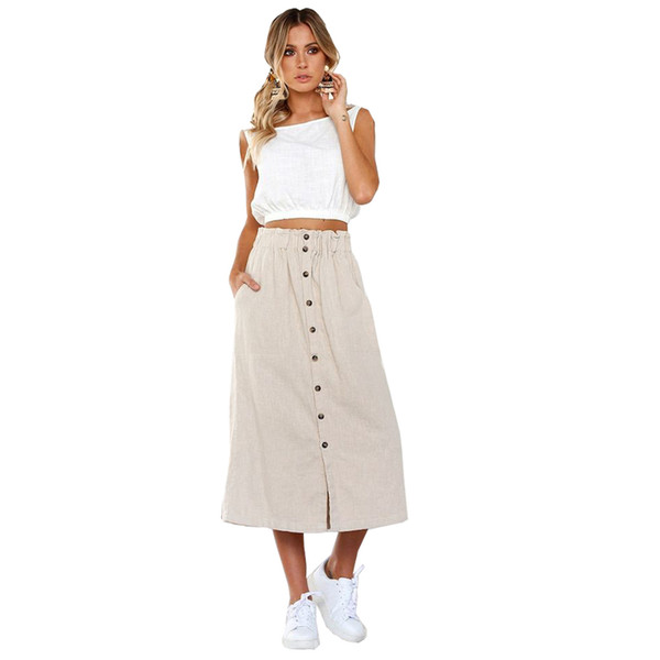 Women Elegant Vintage High Waist Front Button Long Skirt Loose Casual Bottoms Party Midi Skirt with Pockets