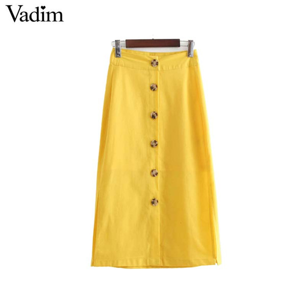 Vadim women eleyellow mid calf skirt button decorate side split faldas mujer ladies basic casual summer chic skirts BA043