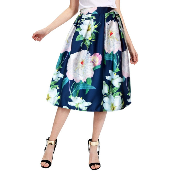 Empire Skirt Female Spring Summer Flower Print A-line Skirts Womens Elastic Waist Ladies Fashion Big Hem Knee Length Saia Femme