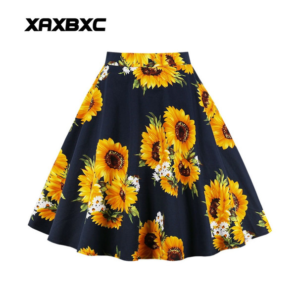 2018 New Summer 1657 Femme Vintage Bubble Skirt Flower Daisy Sunflower Printed Skater Swing Zipper Midi Women Pleated Skirt