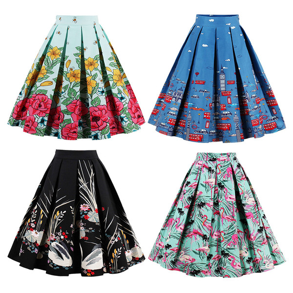 2018 Summer 1392 Femme Vintage Bubble Skirt Bee Flower Swan Flamingo Car Printed Skater Swing Zipper Midi Women Pleated Skirt