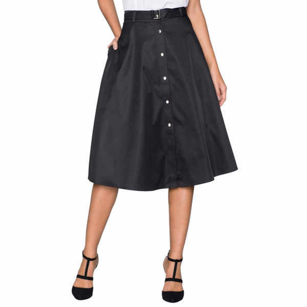 EleRetro Style Buttons Front Skirt in Black