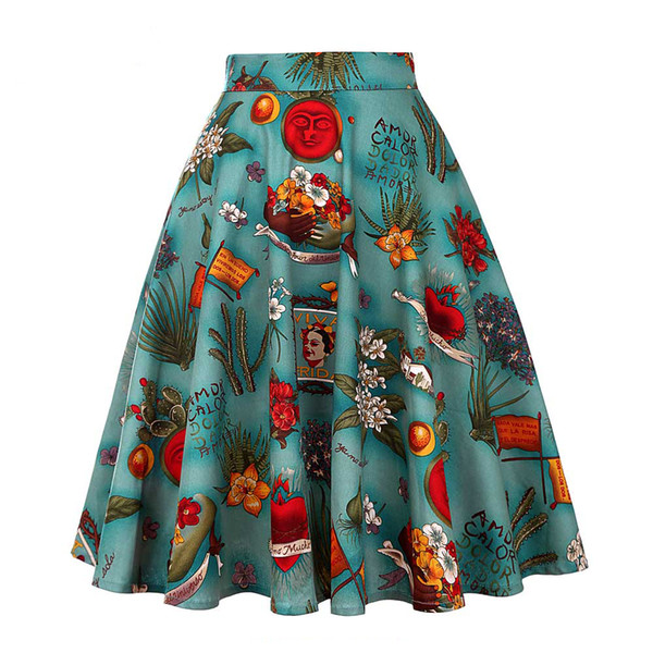 Wipalo Spring Summer Women Skirts Floral Print High Waist Vintage Skirts 50s Swing Retro Skater Casual Skirt Green faldas mujer