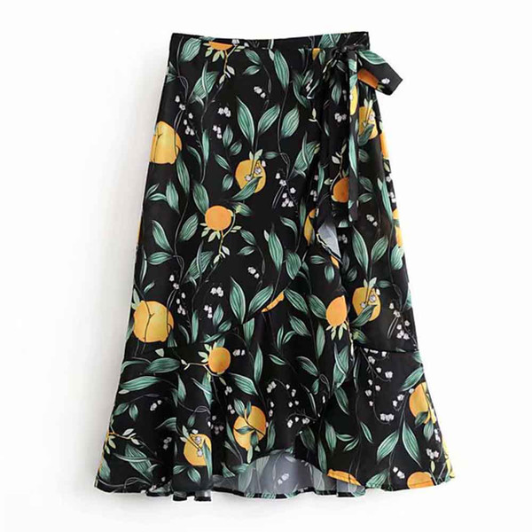 FIRSTTO Stylish Lemon Leaf Print Irregular Hem A-Line Swing Skirt High Waist Tied Bow Retro Women Knee-Length Asymmetrical Skirt