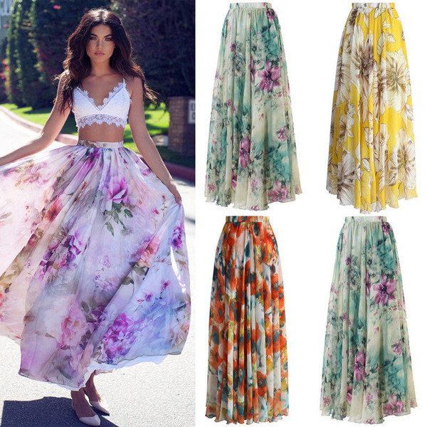 2017 New BOHO Women Summer Spring Fall Floral Chiffon Long Maxi Full Skirt Casual Beach Skirt