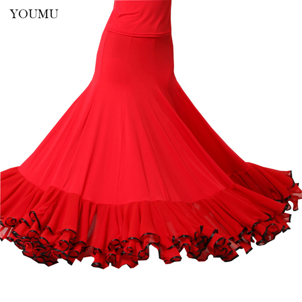 Women Modern Social Dance Skirt Floor-Length High Waist Black Red Vintage Fashion Perform Show Skirts Hemlinen 803-268