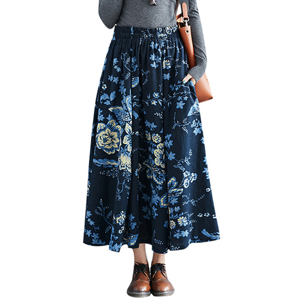 New Summer Women Floral Print Midi Skirt Elastic Waist Pockets Casual A-Line Pleated Skirt Vintage Plus Size 5XL for Women