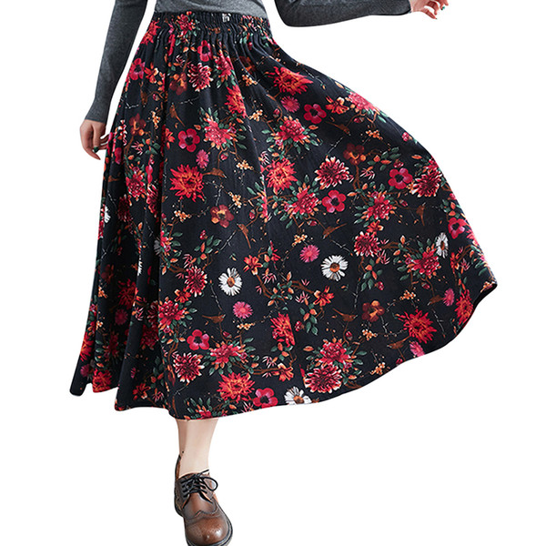 Vintage Women Floral Print Midi Skirt Elastic Waist Pockets Casual Ladies A-Line Pleated Skirt Women faldas mujer moda New