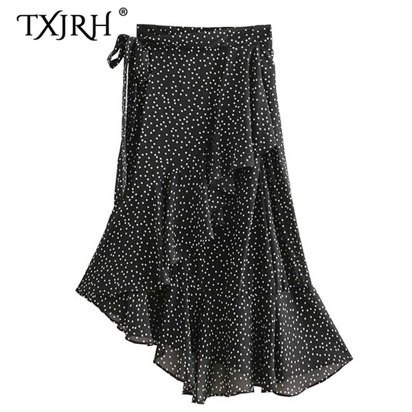 TXJRH Sweet Black Polka Dot Slim Ruffles Asymmetry Hem Skirt High Waist Tied Bow Knee-Length Irregular Trumpet Mermaid Skirt