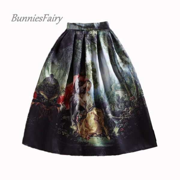 BunniesFairy 50s Princess Royal Vintage Retro Fantasy Oil Painting Floral Print High Waist Midi Skirt Full Circle Saia Femininas