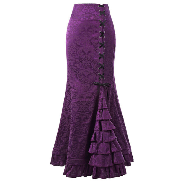 Women Gothic Mermaid Skirts Ruffle Lace Up Purple Black Red Gray Skirts Bodycon Maxi Long Retro Goth Middle Ages Vintage