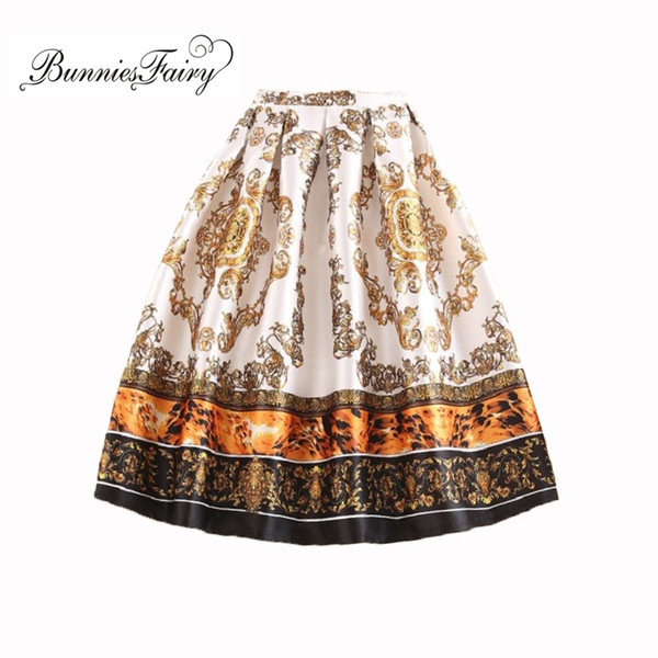 BunniesFairy 2018 Brand New Summer Royal Vintage Ethnic Style Women Geometric Floral Printed Long Pleated Skirt Midi Tutu Linen