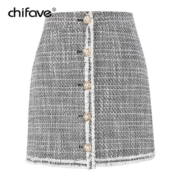 Women Casual Tweed Mini Skirt High Waist Buttons Front White Woolen Skirt Autumn Female Plus Size Short Office Skirts chifave