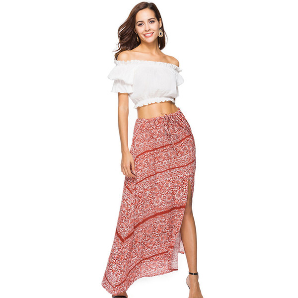 Summer High Waist Ruffle Boho Print Long Skirt Women Drawstring Tie Up Maxi Skirt Floral Print Beach Chic Female 2018