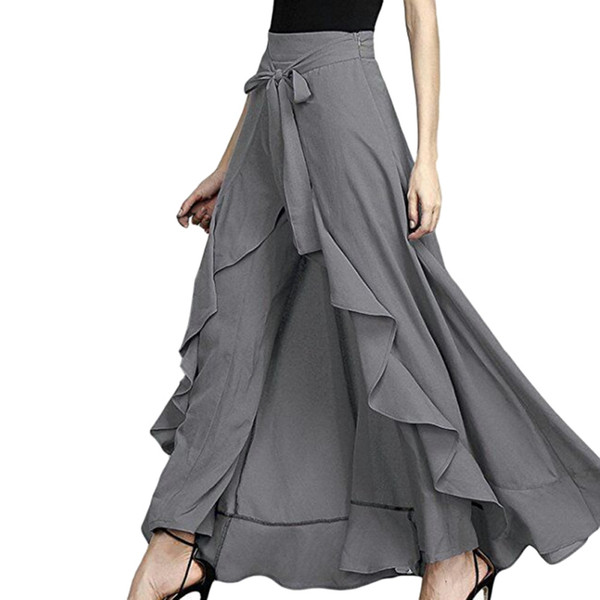 Wrap Skirts Women Casual Fashion Chiffon Tie-Waist Ruffle Wide Leg Loose Pants