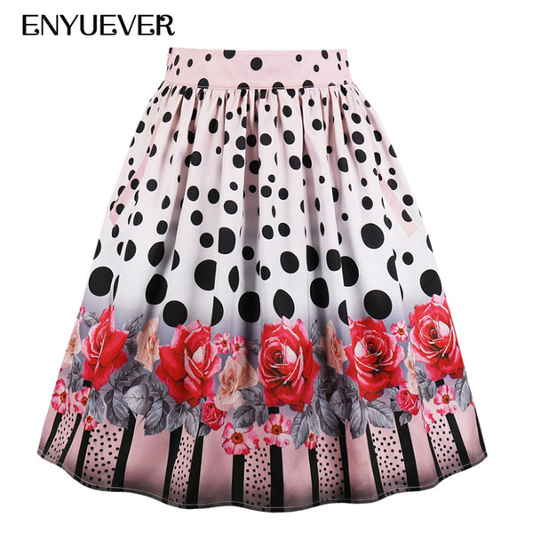 Enyuever Plus Size Pleated Skirt 2018 High Waist Polka Dot Floral Print Pinup Midi Summer Faldas Mujer Women Skirts With Pockets