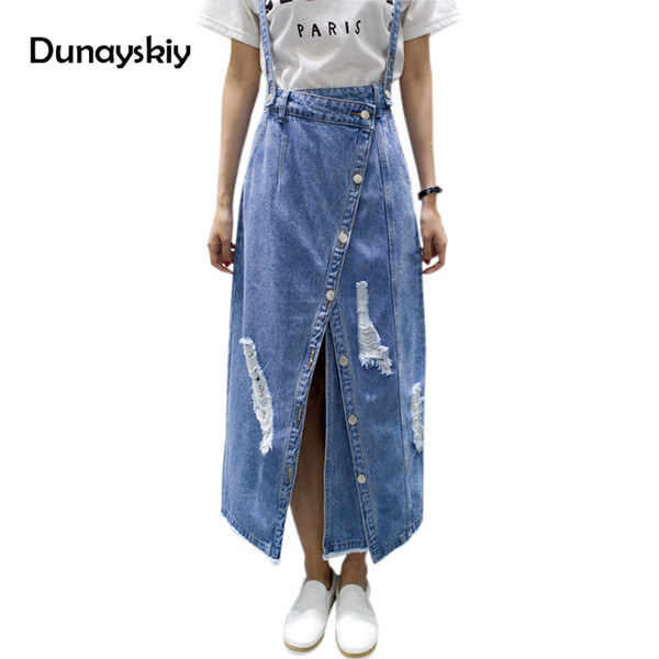 Summer Ripped Womens Skirt Jeans Jupe Hole Ladies irregular Front Slit EleDenim Skirts Suspender Split Saias Dunayskiy