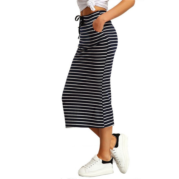 Summer Autumn European Style Pencil Skirt Navy Black Drawstring Striped Skirts Vintage Pockets Slim Skirts