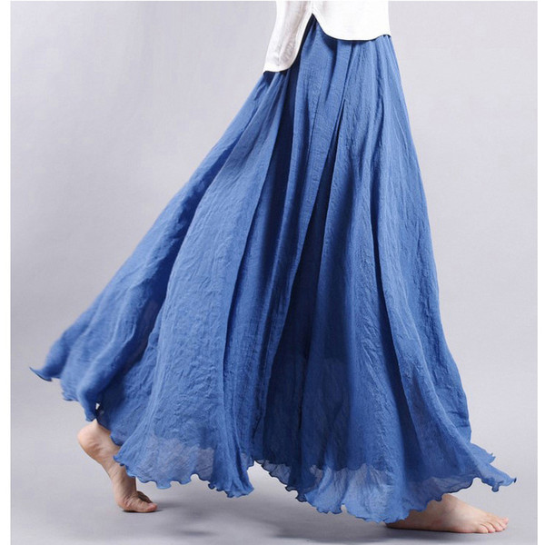 Women Linen Cotton Long Skirts Plus Size Elastic Waist Pleated Maxi Skirts Vintage 2 Layers Summer Faldas Saia feminina