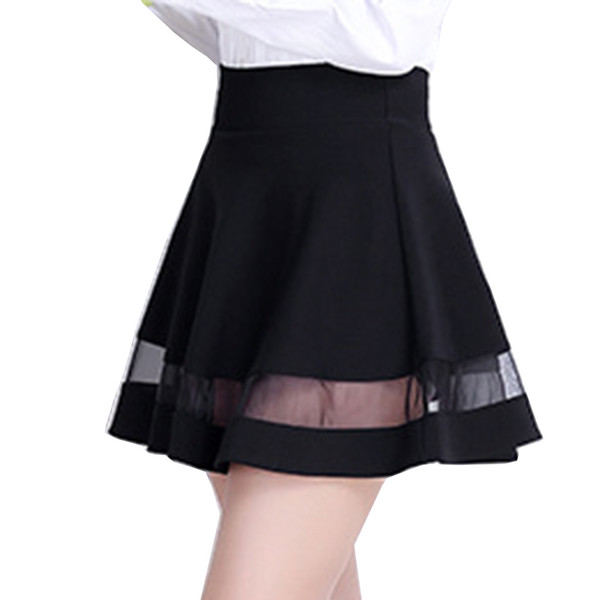 2018 Spring Summer Women Sexy Skirt Korean Fashion Solid Color Mesh Splicing High Waist Pleated Skirt Black Mini