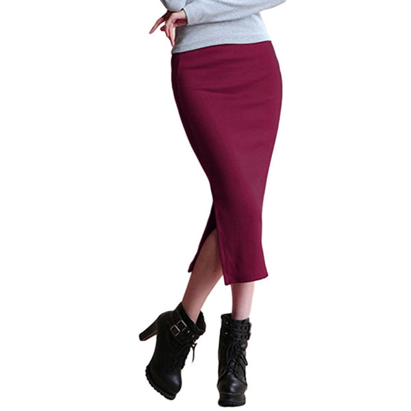 Wholesale- Hot New Sexy Women Chic Pencil Skirts Office Look knitting Mid-Calf Solid Skirt Casual Slim Hip ladies skirts Saias Feminino