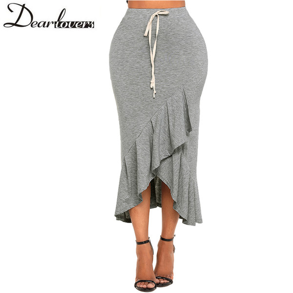 Dear Lovers Women Long Party Skirts Summer Elastic Waist Drawstring Ruffle Skirt Korean 2018 Solid Sexy Maxi Skirt Grey LC65095