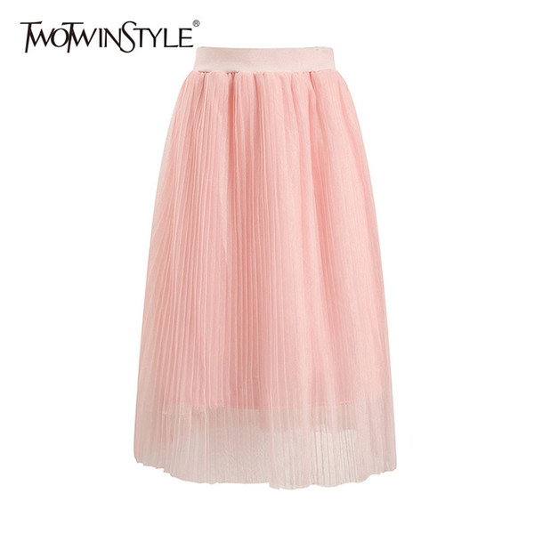 TWOTWINSTYLE Mesh Pink Skirt Female Elastic High Waist Rruched Big Size Midi Tutu Skirts Summer Fashion Sweet 2018 Clothing