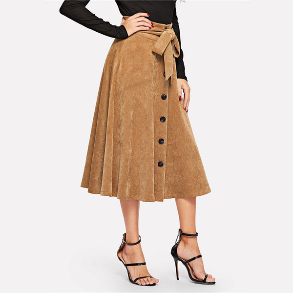 SHEIN Brown Button Up Belted Corduroy Mid Waist Flare Mid-Calf Skirt 2019 Spring Solid Modern Lady Casual Long Skirts