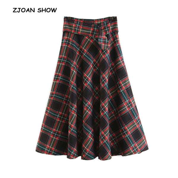 Retro High waist Classical Check Plaid Skirt With Sashes Viontage Women Ankle Length Ball Gown Swing Long Skirts 2018 Mew Femme