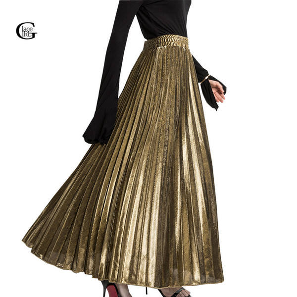 Lace Girl 2018 Spring Pleated Long Skirts For Women Skirt Fashion Gold Silver Vintage Metallic Maxi Skirts Formal Party