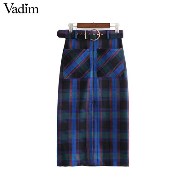 Vadim women chic plaid split midi skirt faldas mujer sashes pockets side zipper office wear female casual mid calf skirts BA316